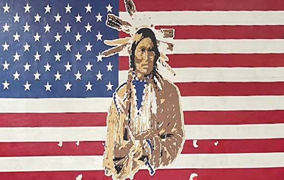 Artwork of a Native American figure in front of a stylized American flag background.