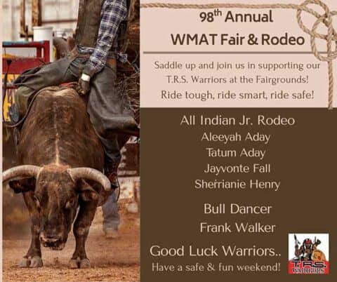 Rodeo rider on a bull, with event details for the 98th Annual WMAT Fair & Rodeo, including featured performers and a safety message.