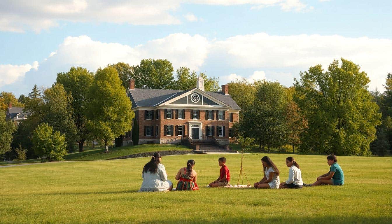A serene landscape featuring a historic boarding school building surrounded by lush trees