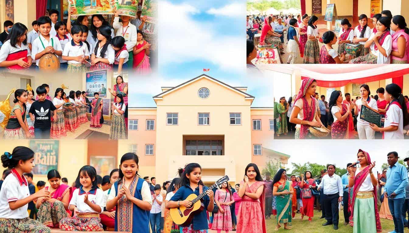 A vibrant collage of a diverse group of students engaging in various cultural activities within a sc