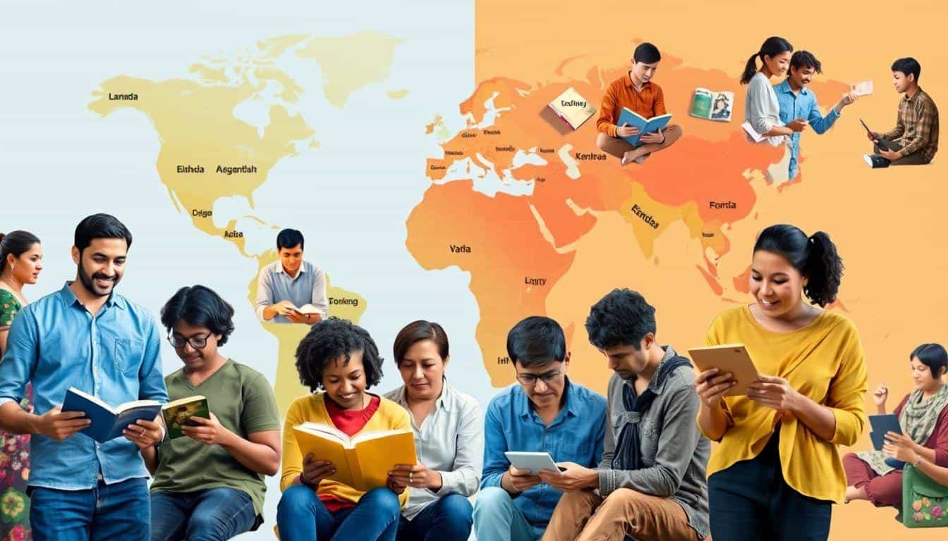 A vibrant collage of diverse people engaging in various language-related activities