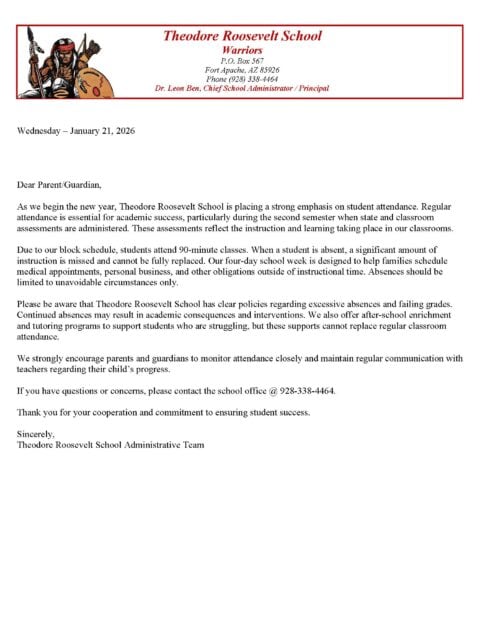 A letter from Theodore Roosevelt School informs parents about a new focus on student attendance, explaining its importance and outlining steps for ensuring students attend school regularly.
