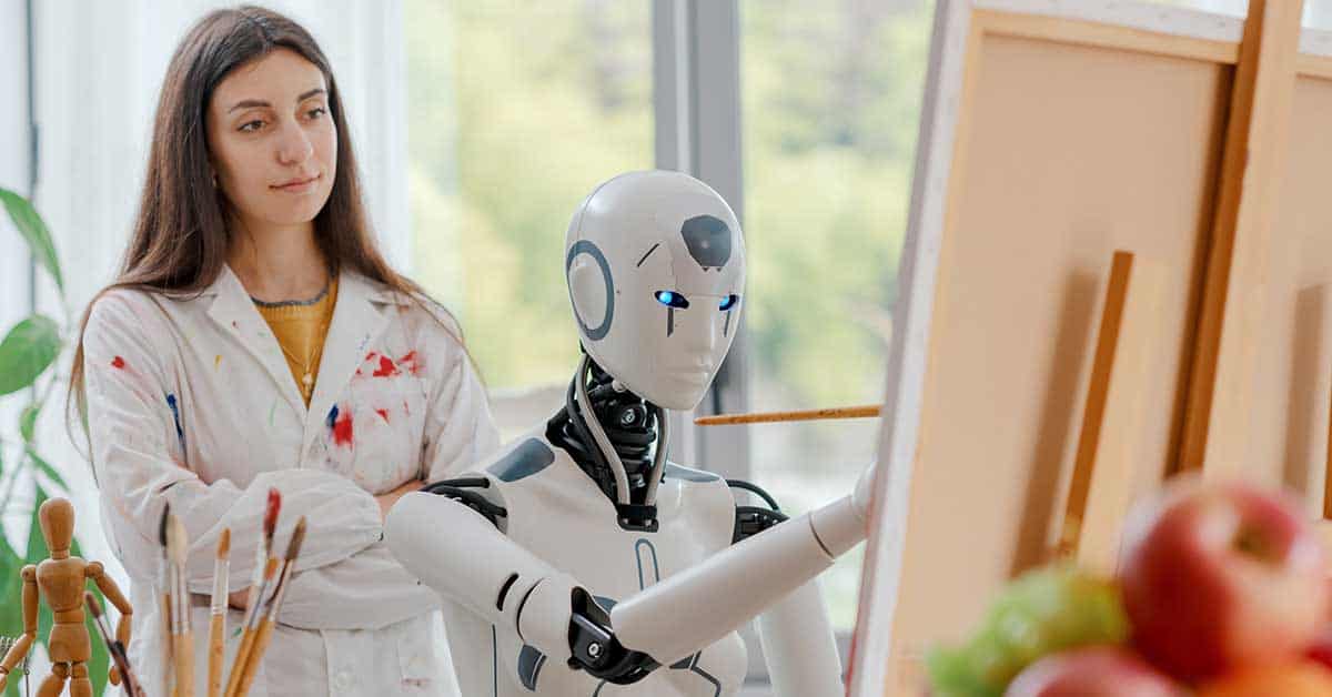 A woman in a paint-splattered lab coat observes a humanoid robot using Generative AI to create art on canvas in an art studio.