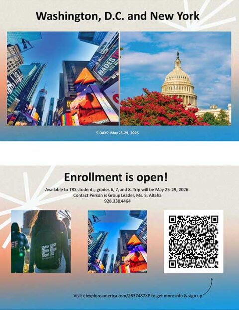 A promotional flyer for a 5-day student trip to Washington, D.C. and New York, showing city landmarks, trip dates, contact info, and a QR code for enrollment.