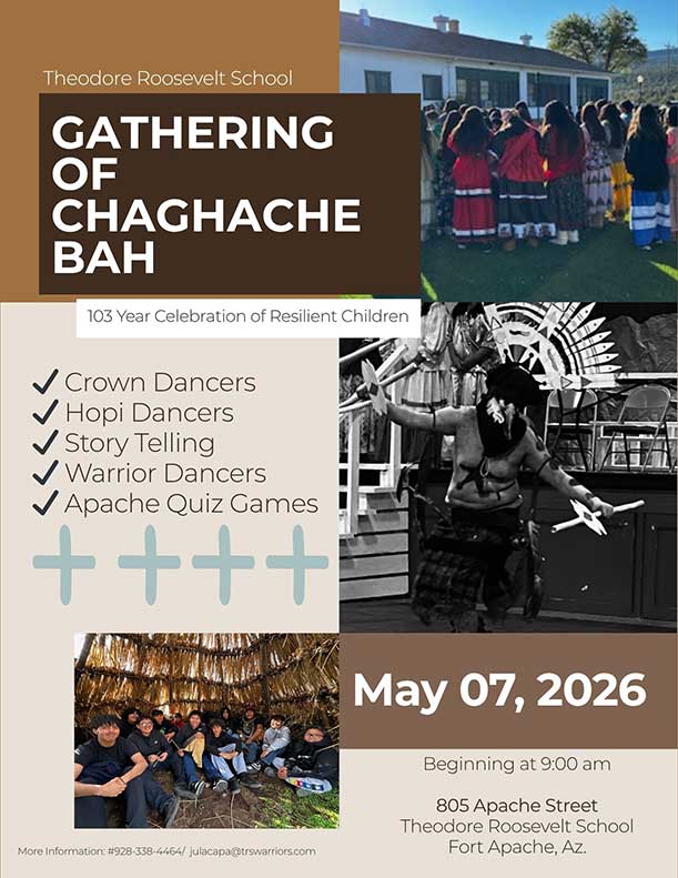 Event poster for the Chaghache Bah Gathering at Theodore Roosevelt School, featuring dancers, storytelling, quiz games. Includes event details, photos of participants, and highlights the celebration on May 7, 2026.
