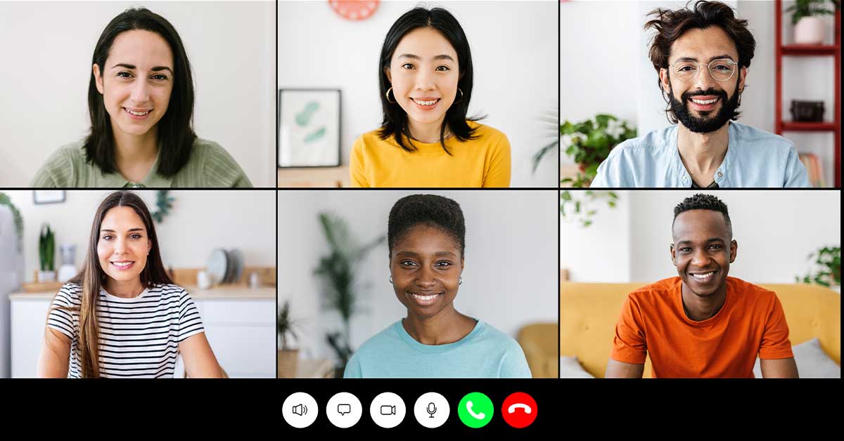 A screenshot of a video call with six people in individual frames, all smiling and looking at the camera. Video call interface icons are visible at the bottom of the image, reminding users about group chat safety and highlighting the importance of knowing when to leave or who to tell if something feels uncomfortable.