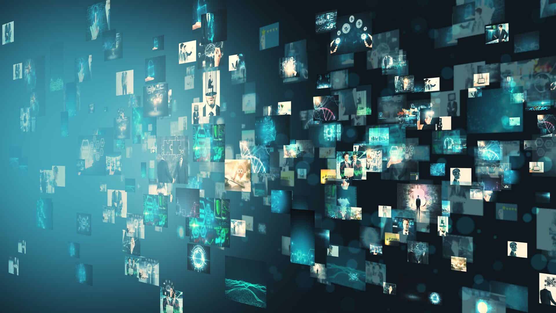 Digital screens displaying various images, data visualizations, and representations of social media algorithms float in a dark, futuristic space, illustrating concepts of technology and information networks.