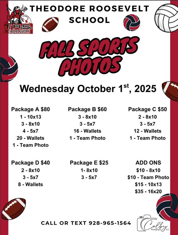Flyer for Theodore Roosevelt School Fall Sports Photos on October 1, 2025, featuring sports ball graphics, photo packages, prices, add-ons, and a contact phone number. Don’t miss your chance to capture memorable Fall Sports Photos!.