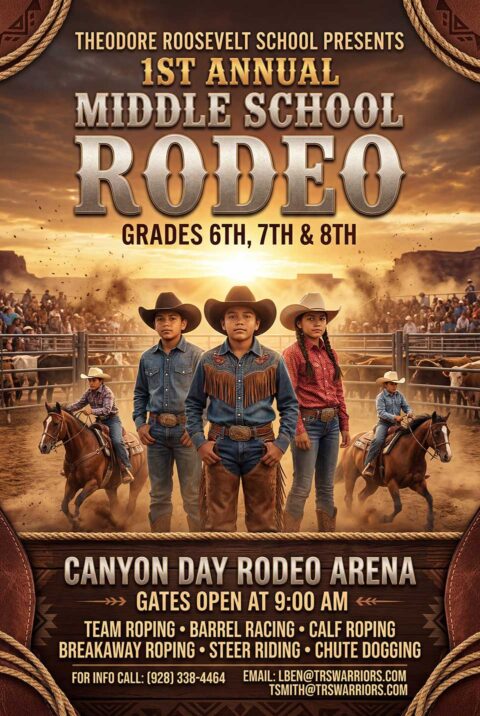 Poster for Theodore Roosevelt School’s 1st Annual Middle School Rodeo for grades 6-8, featuring three kids on horseback with event details and rodeo activities listed.