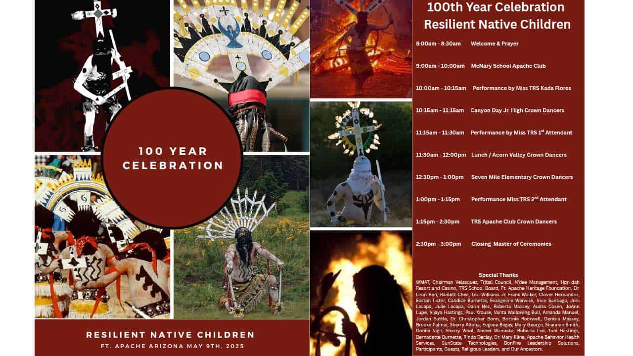 Event poster for the "100 Year Celebration: Resilient Native Children" centennial, featuring a schedule, tribal dancers, performers, and ceremonial images; event held May 9, 2025, at Ft. Apache, Arizona.