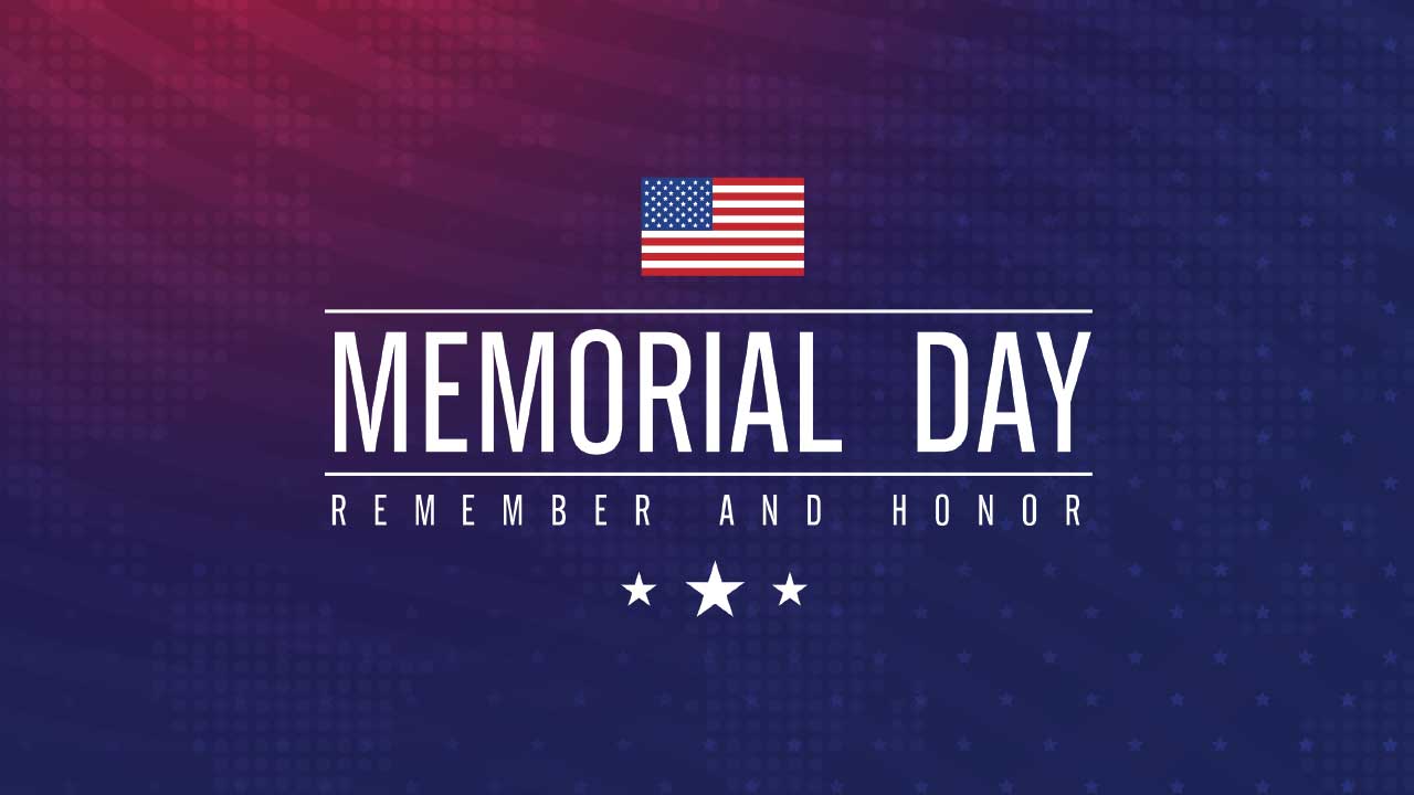 Memorial Day graphic featuring an American flag above "Memorial Day, Remember and Honor" on a blue and red gradient background with three stars—perfect for highlighting Memorial Day events.