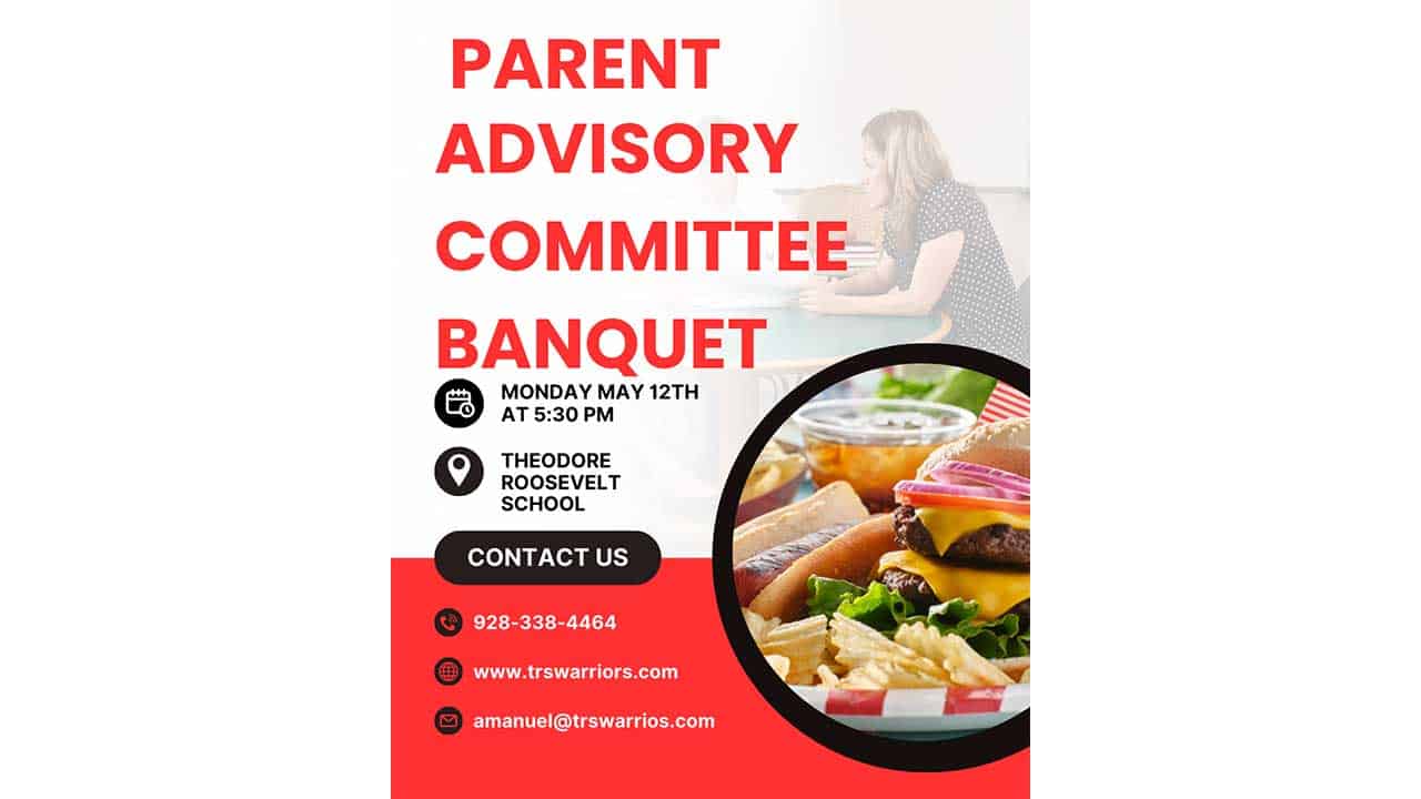 Flyer for a Parent Advisory Committee Banquet featuring event details, contact info, and a photo of a burger meal beside a woman and child enjoying time together at the table.