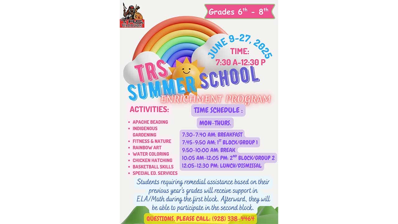 TRS Summer School flyer for grades 6-8, June 9-27, 2025, 7:30 AM-12:30 PM, listing activities and schedule; includes rainbow graphic and contact phone number for questions.