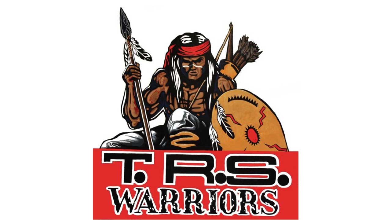 Drawing of a Native American warrior holding a spear and shield, wearing a red headband, above the words "T.R.S. WARRIORS" in bold letters—perfect for commemorating the 8th Grade Grand Canyon school trip.