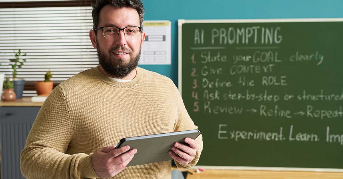 A man with glasses holds a tablet in a classroom. Behind him, a chalkboard lists steps for effective AI prompting, including stating goals, giving context, and defining roles.