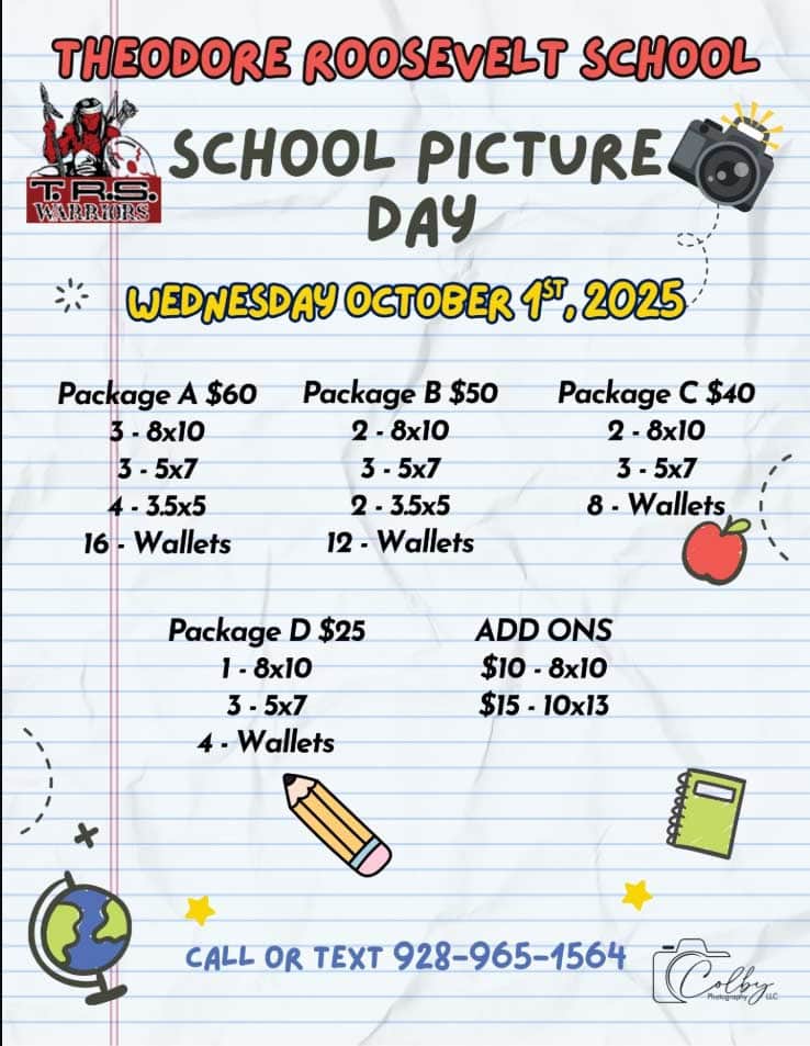 A school picture day flyer for Theodore Roosevelt School lists photo packages, prices, and add-ons, scheduled for Wednesday, October 1, 2025, with a contact number at the bottom.