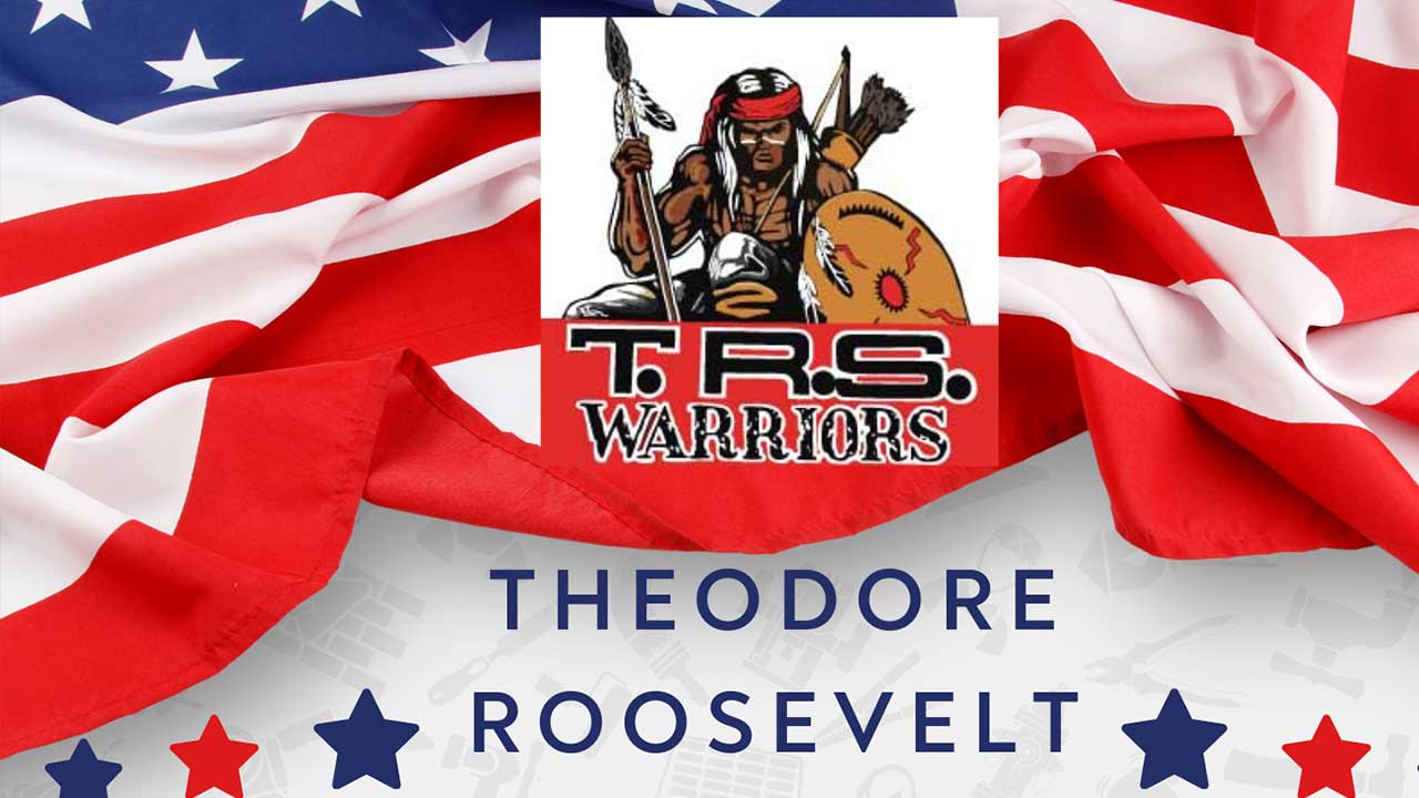 Logo of a Native American warrior with "T.R.S. Warriors" text, set against an American flag background, with "Theodore Roosevelt" written below—perfect for Tribal Fair or Rodeo events and special Half Day celebrations.